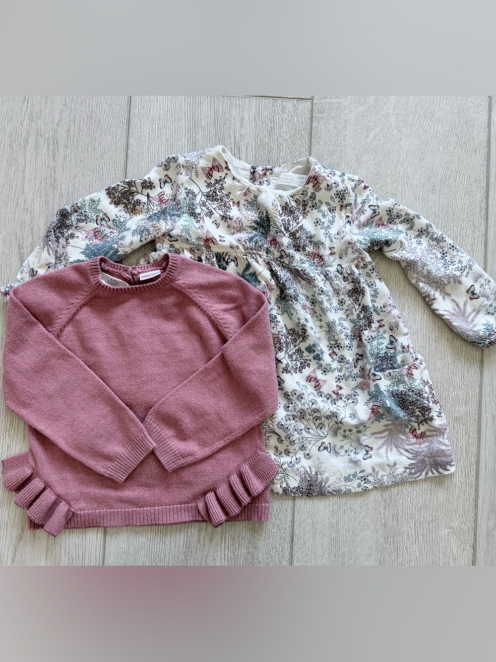 Zara Dusty Pink Ruffle Hem Sweater with Floral Cream Dress Set